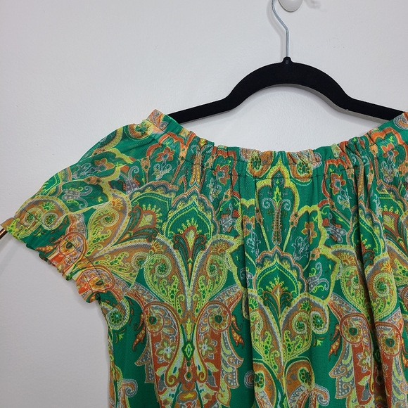 INC Top Blouse Short Sleeve Scoop Neck Smocked Green Ruffled Size Medium … - Picture 9 of 14